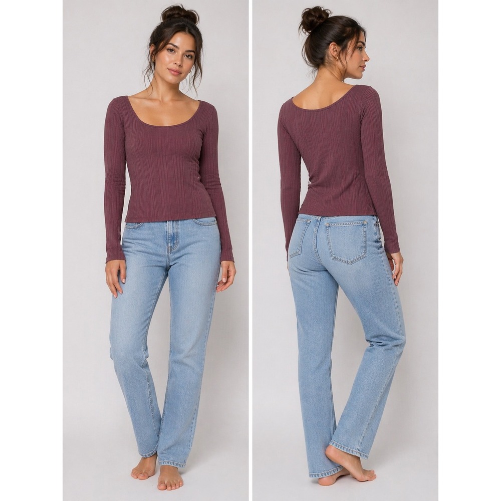 Splendid Ribbed Long Sleeve Top Size L Brown Square Neck Minimalist Basics